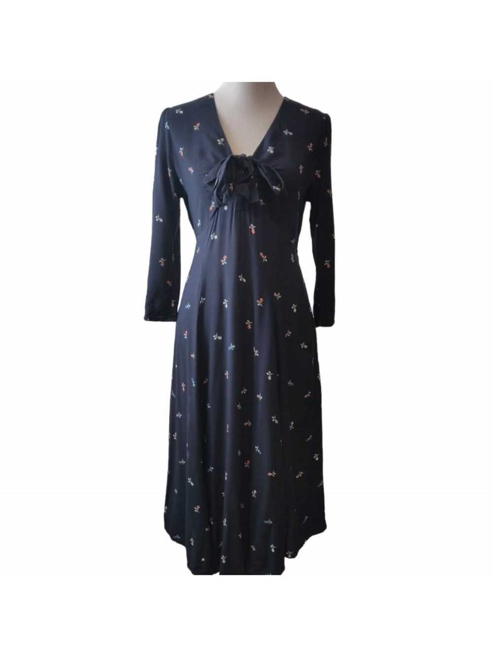Anthropologie Navy Floral Bow-Front Long Sleeve Dress
